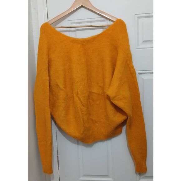 Womens xl wide plunge neck mustard yellow alpaca soft sweater oversized slouchy - Picture 3 of 6